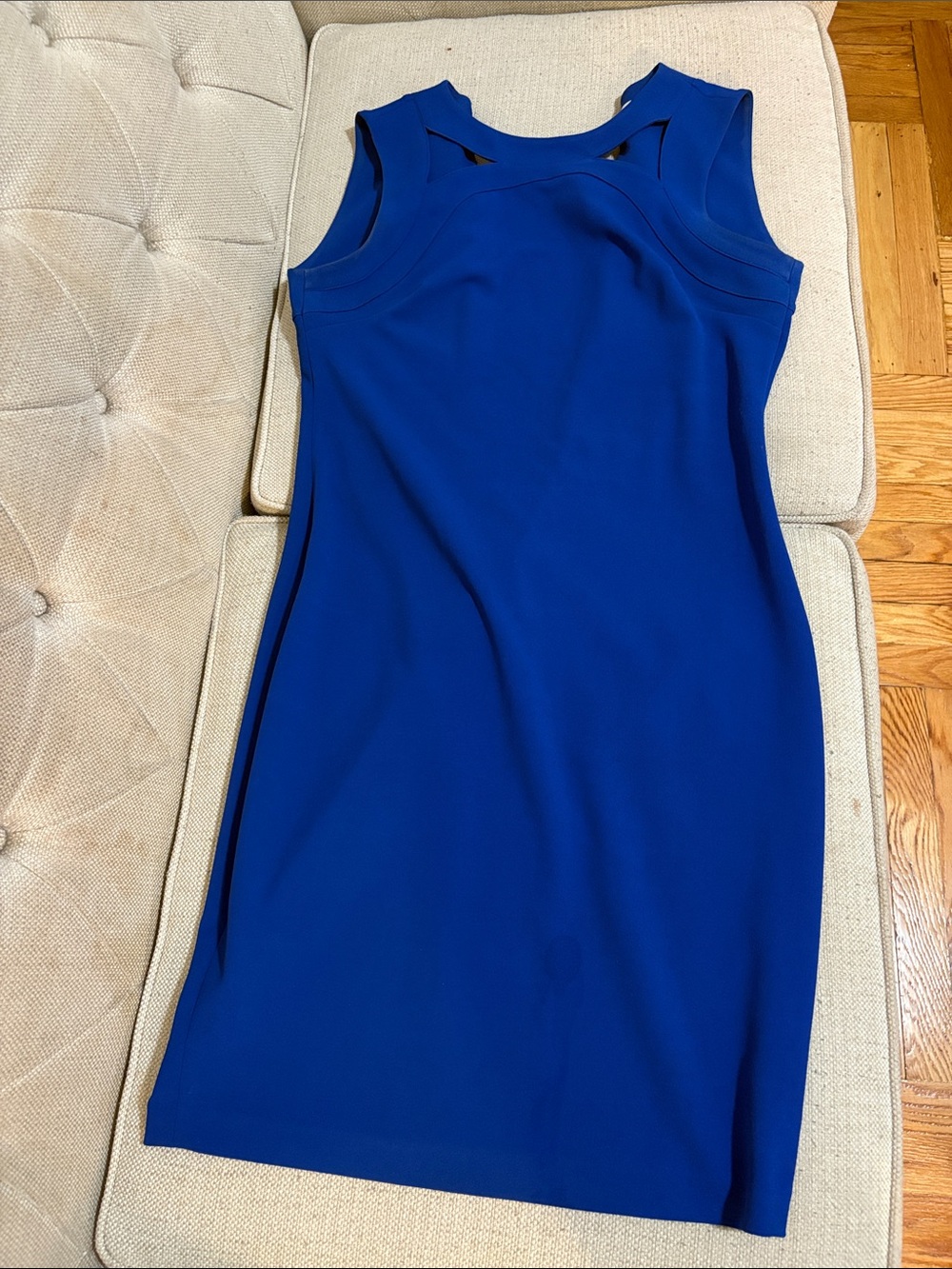 Calvin Klein Cobalt Sleeveless Midi Sheath Dress with collar cut outs